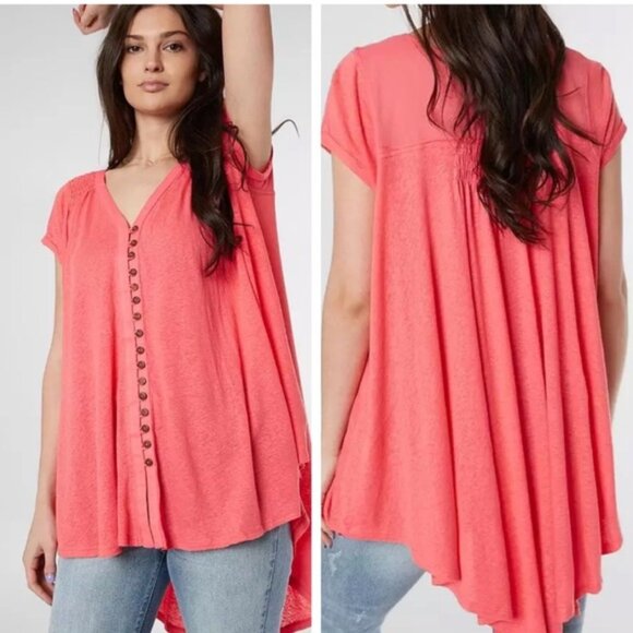 FREE PEOPLE Highland Vneck Linen Boho Oversize Festival Short Sleeve Top Trapeze - Picture 1 of 16